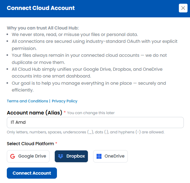Account Alias field with Dropbox selected