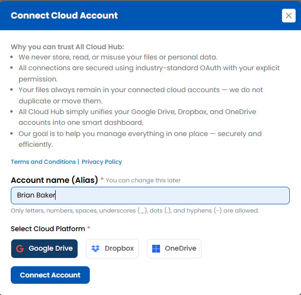Account Alias field with Google Drive selected