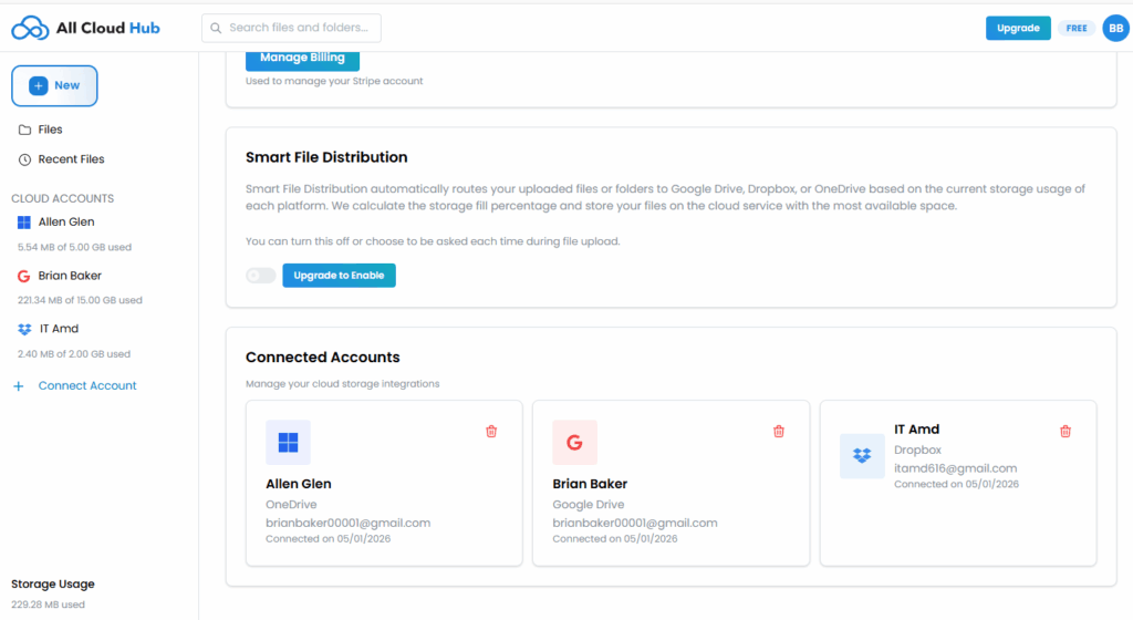 Cloud Accounts list showing the Delete option for a connected account