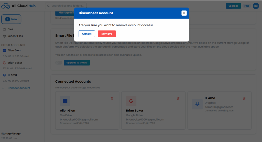 Confirmation dialog shown before disconnecting a cloud account