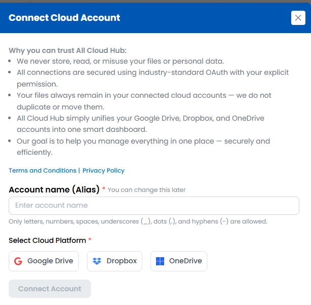 Connect Account flow showing cloud provider selection