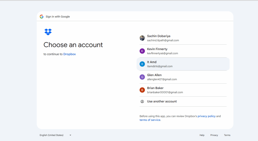 Dropbox sign in and authorization screen