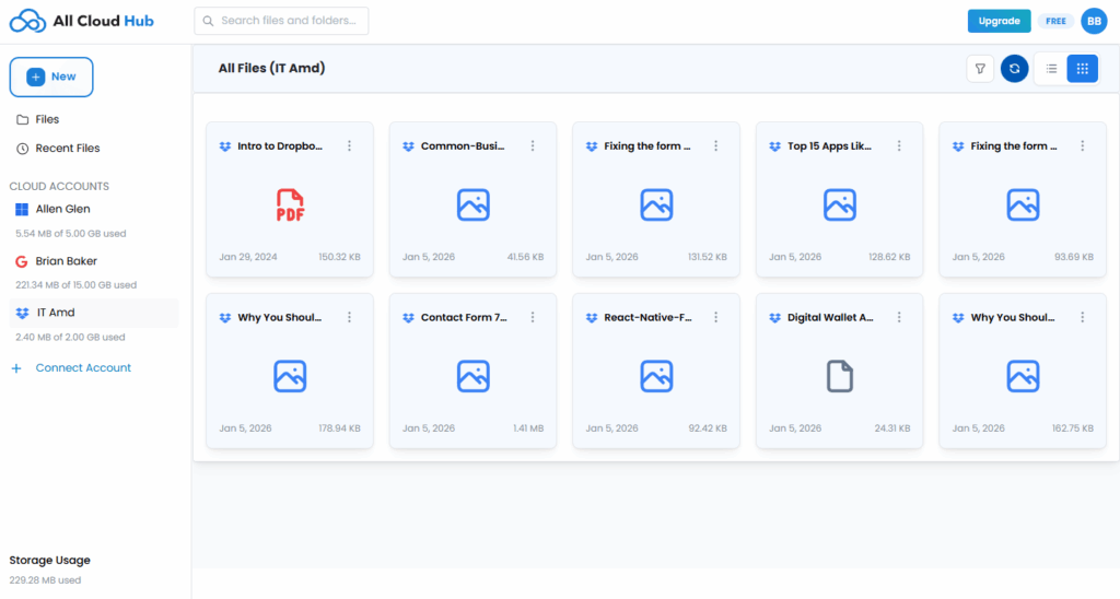 FilesVerse showing files from a newly connected Dropbox account