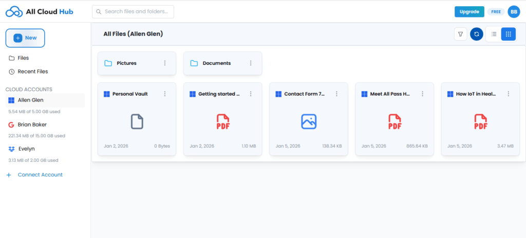 FilesVerse showing files from a newly connected OneDrive account
