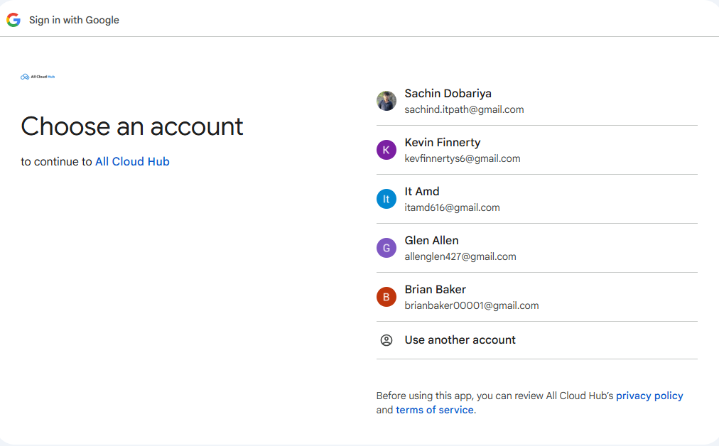 Google sign-in and account selection screen