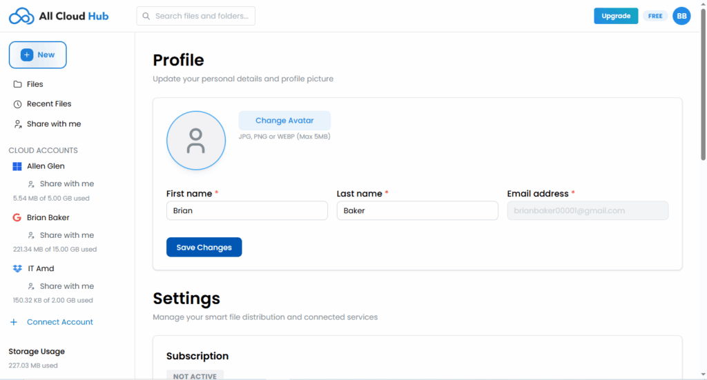 Profile details page with name fields and avatar option