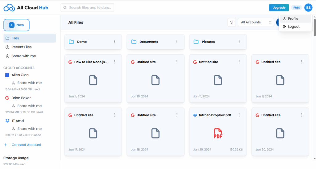 Profile menu showing Profile and Logout options
