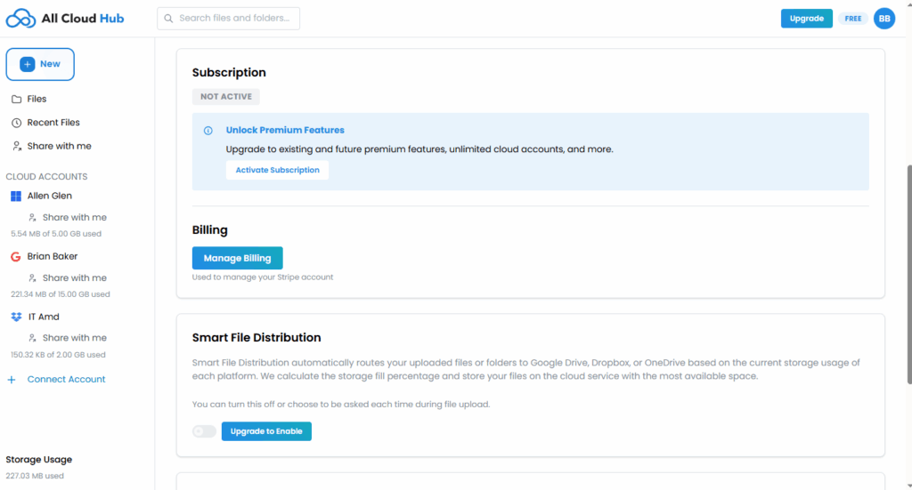 Subscription section showing inactive status