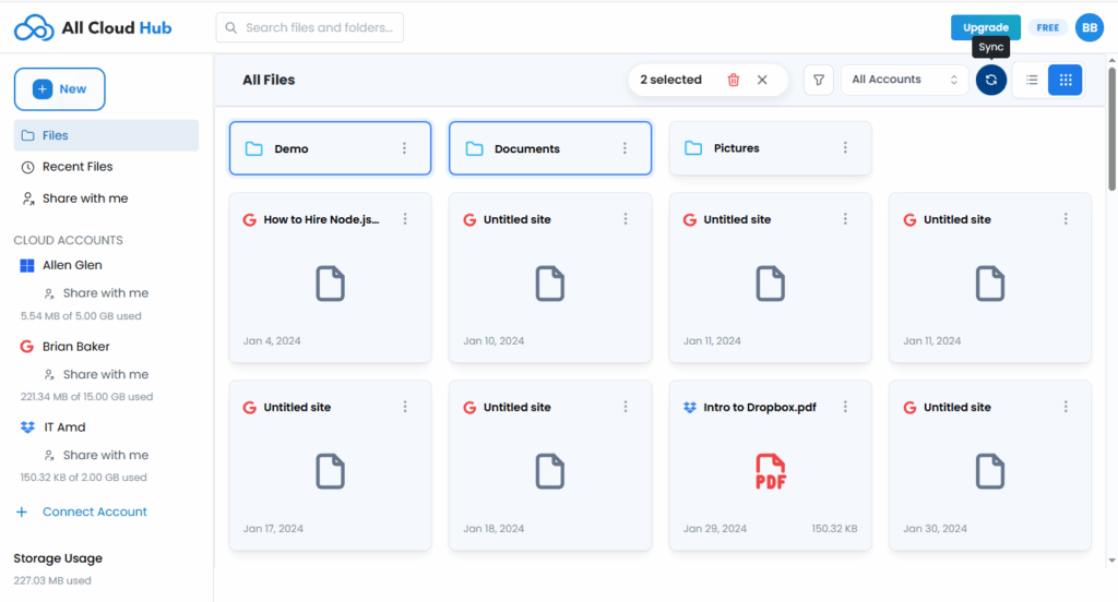 Sync setup showing two folders selected from different cloud accounts